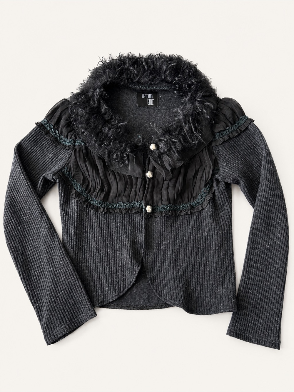 Uptown Girl Faux Fur Collar Vintage Cardigan Coquette Black Knit Sweater